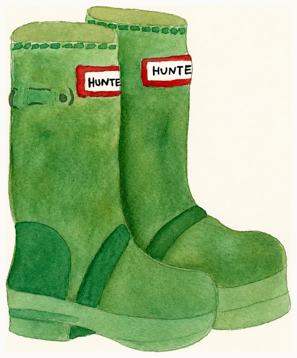 Watercolor painting of green rain boots