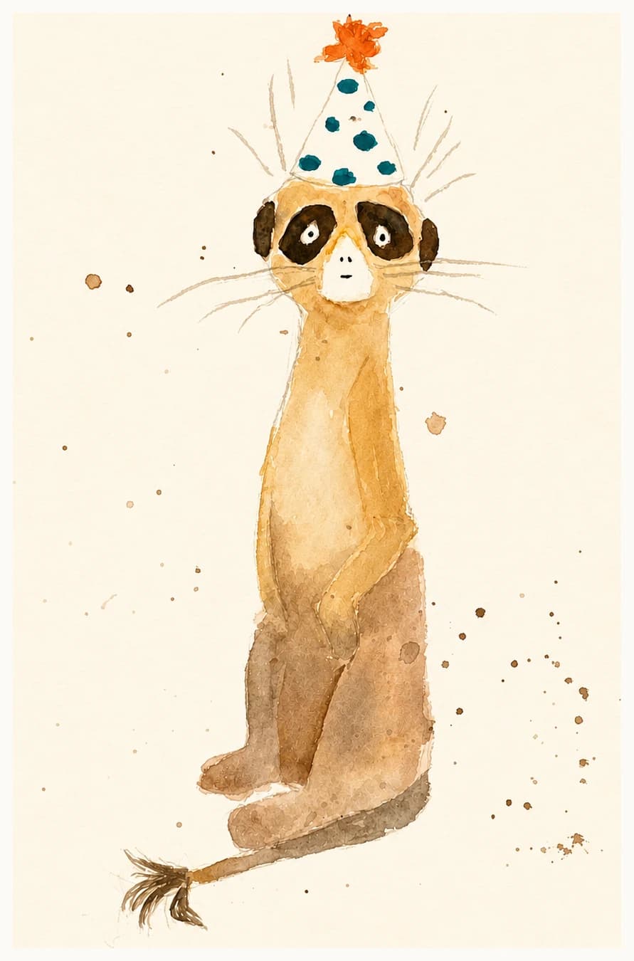Watercolor painting of a meerkat in a party hat