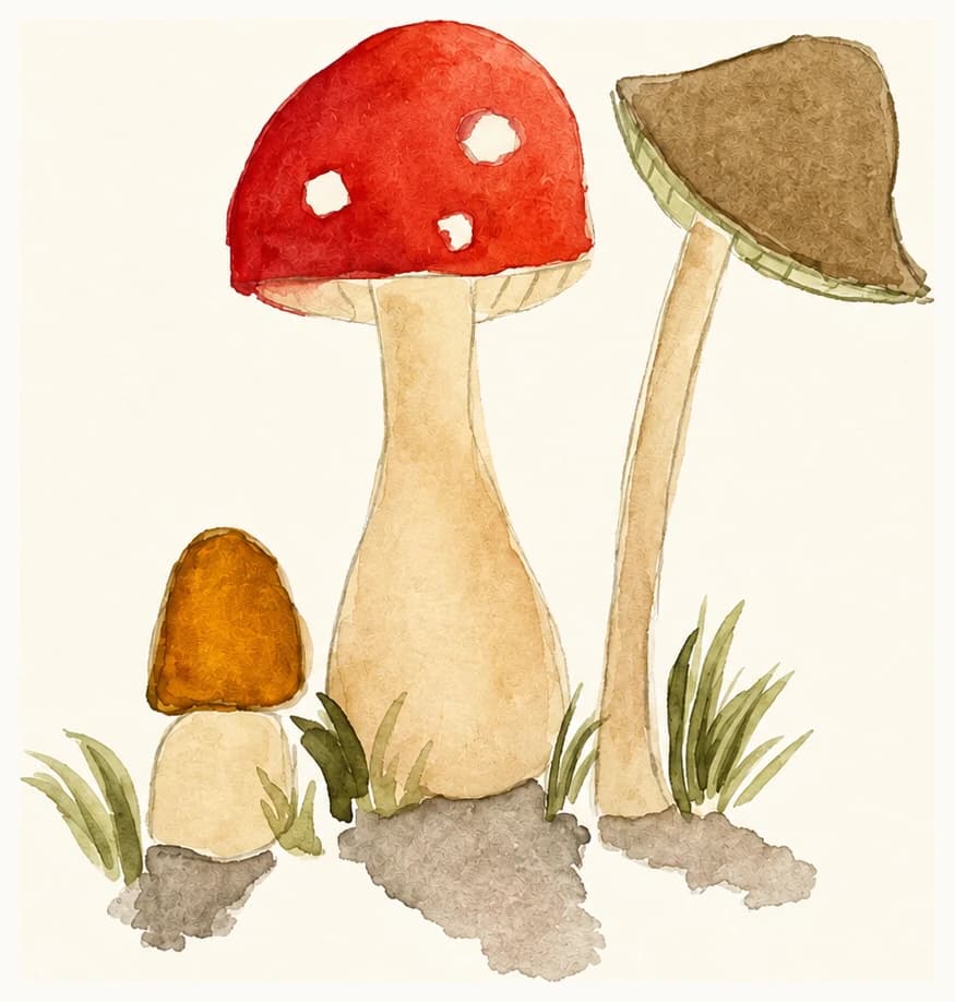 Watercolor study of mushrooms