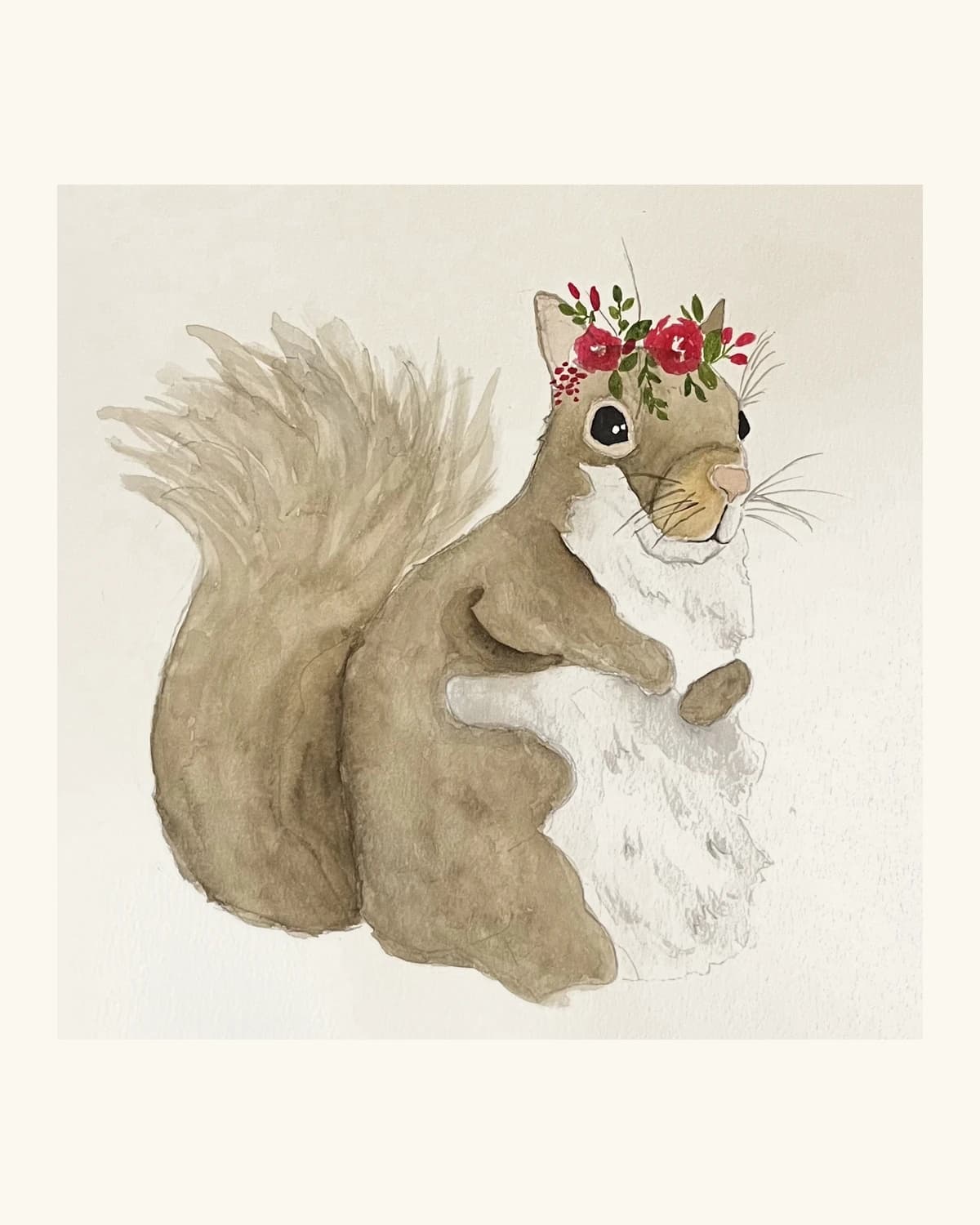 Watercolor painting of a squirrel wearing a flower crown