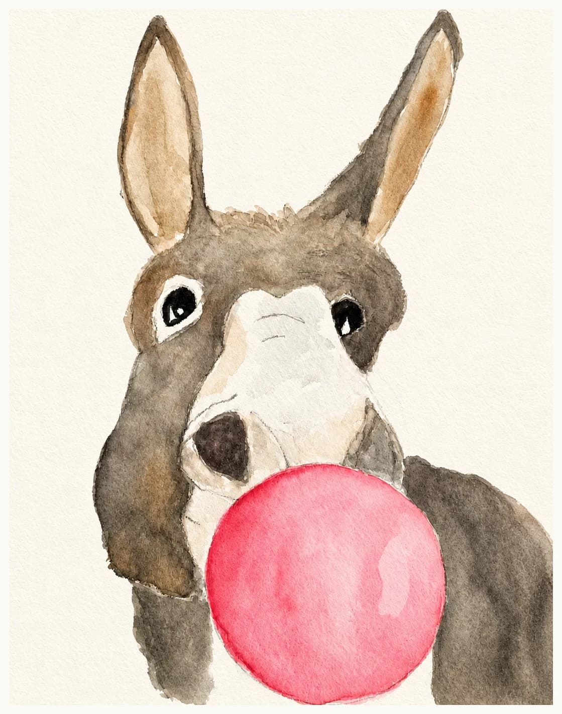 Watercolor painting of a donkey blowing pink bubblegum