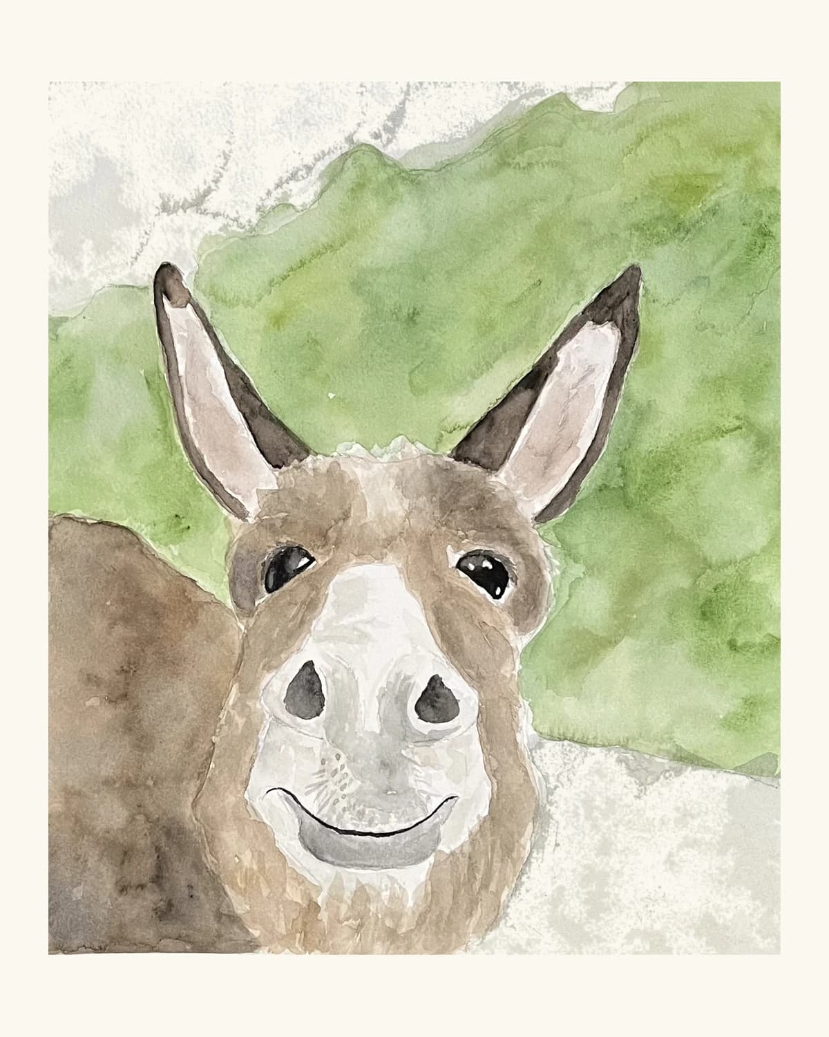 Watercolor portrait of a donkey against a green wash