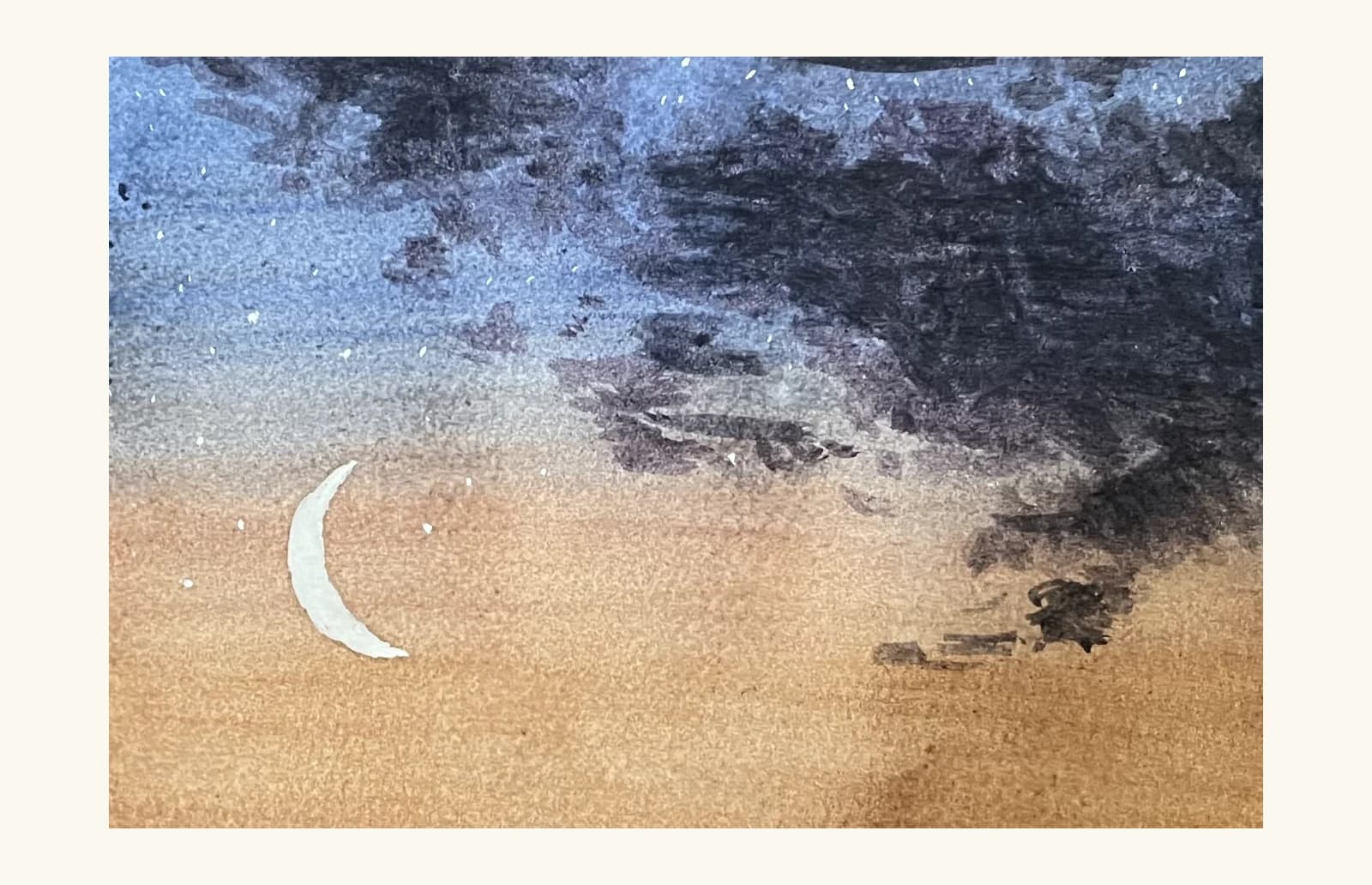 Watercolor painting of a crescent moon at dusk