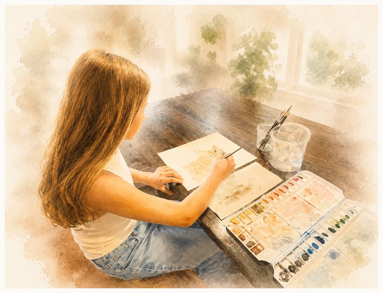 Watercolor-style illustration of Baker painting