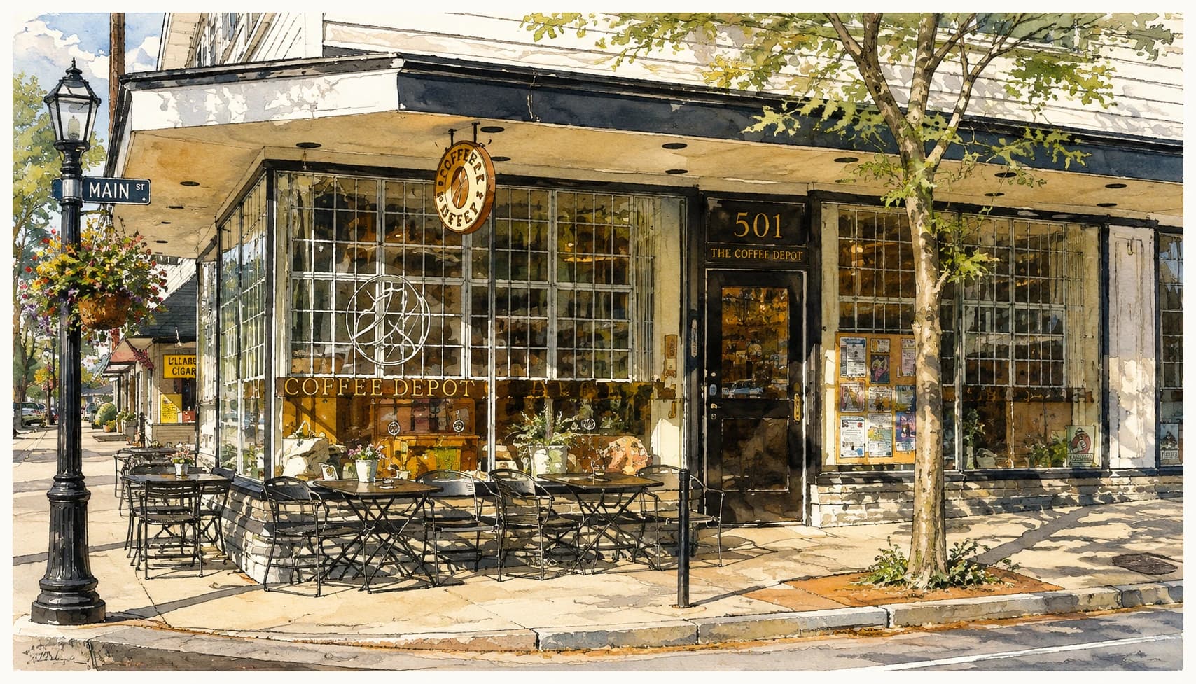 Watercolor illustration of Coffee Depot in Warren, Rhode Island